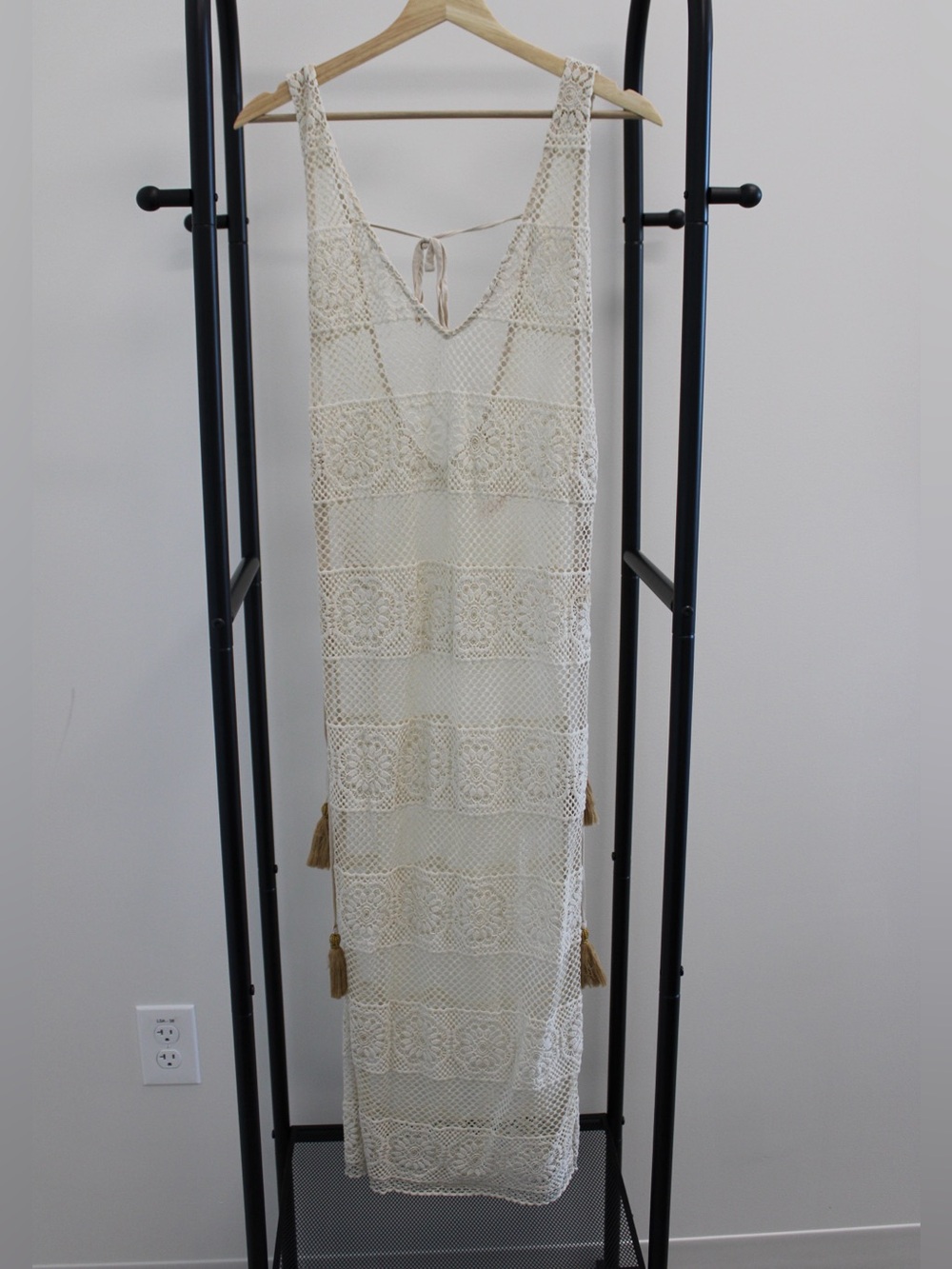 PQ Swim Beige Crochet Sleeveless Maxi Coverup with Tassels